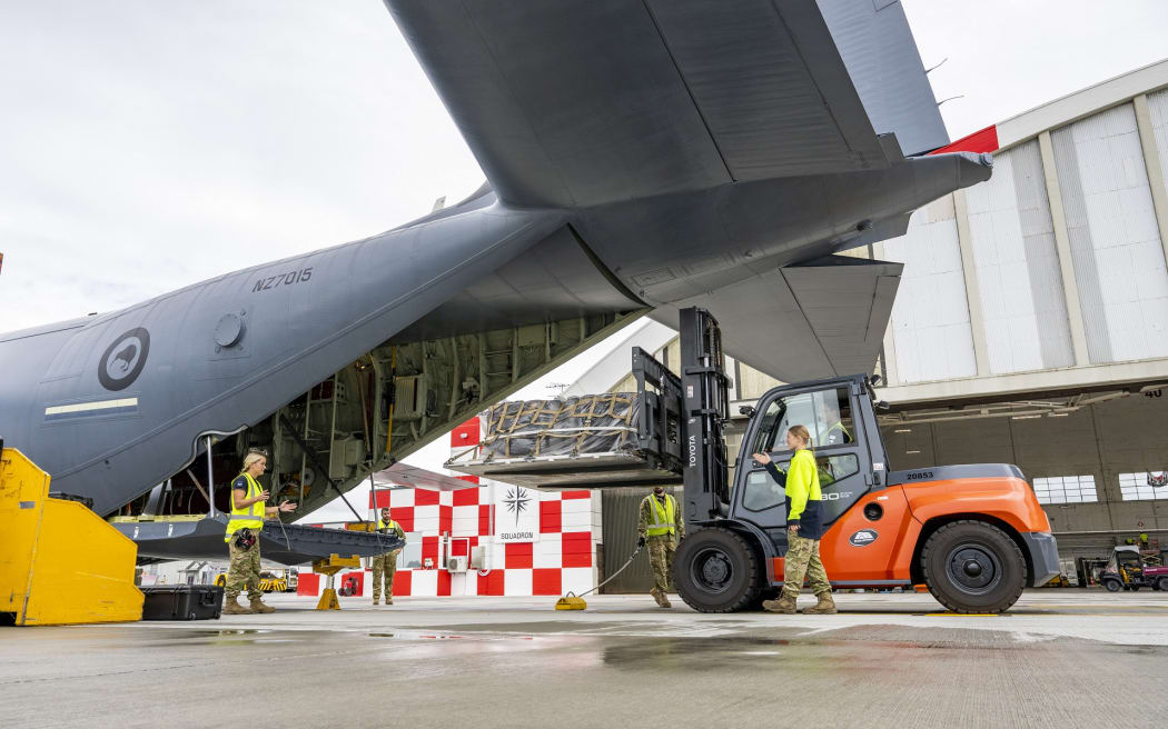 Hospital Dialysis chairs being loaded onto C-130J Super Hercules for delivery to Samoa at RNZAF Base Auckland.