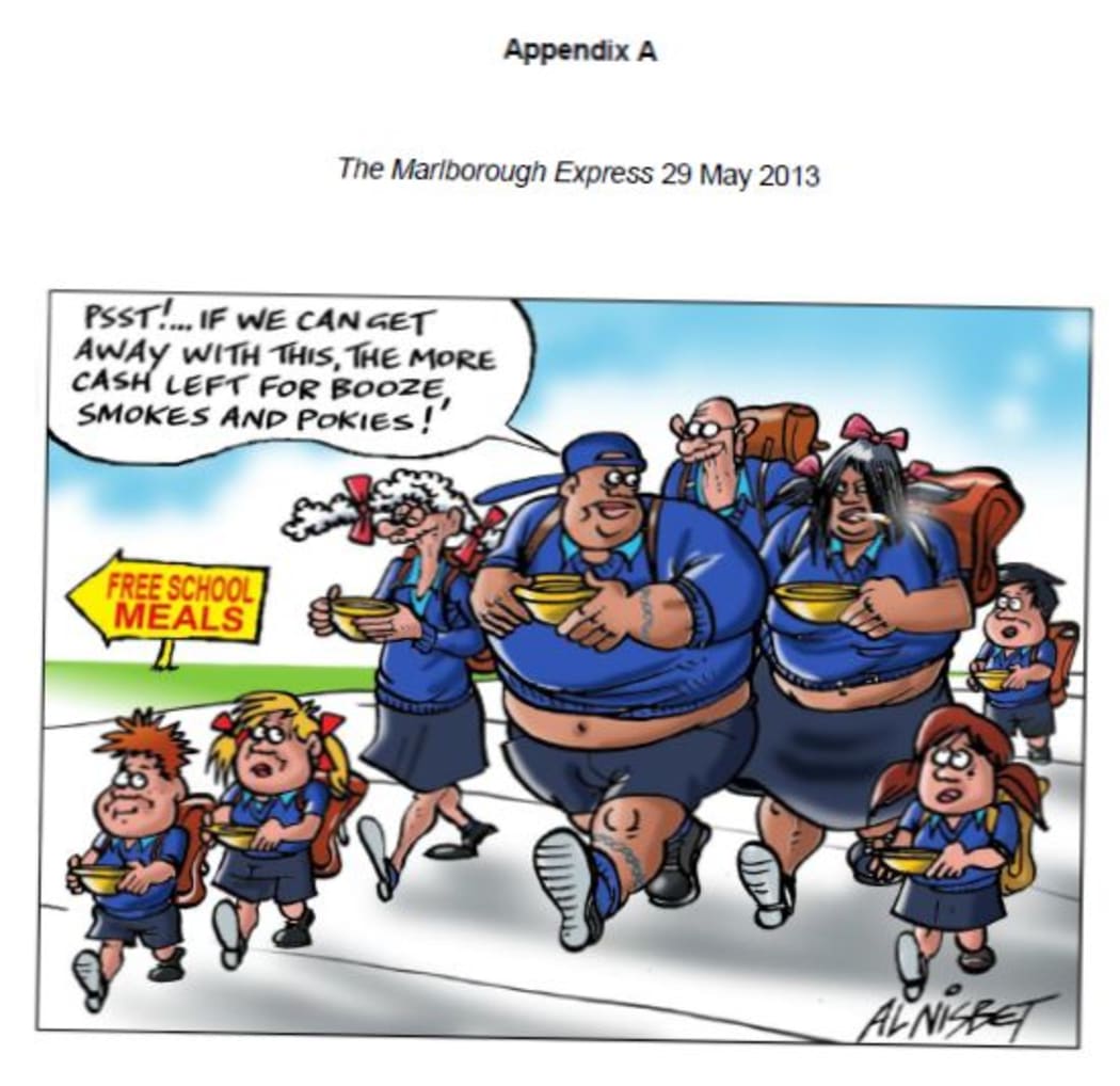 One of the Nesbit cartoons from 2013 challenged by Louisa Wall MP - as it appeared in the Human Rights Review Tribunal's decision four years later.