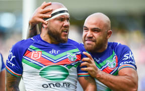 Jazz Tevaga of the Warriors celebrates his try with Dylan Walker during the NRL Round 3 match between the North Queensland Cowboys and the New Zealand Warriors at Queensland Country Bank Stadium in Townsville, Saturday, March 18, 2023. (AAP Image/Scott Radford-Chisholm / www.photosport.nz)