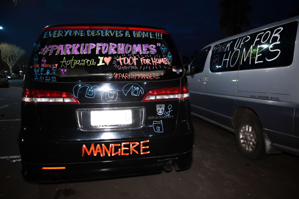 Many of the cars attending the Parkupforhomes event in Mangere were decorated with messages of support and solidarity.