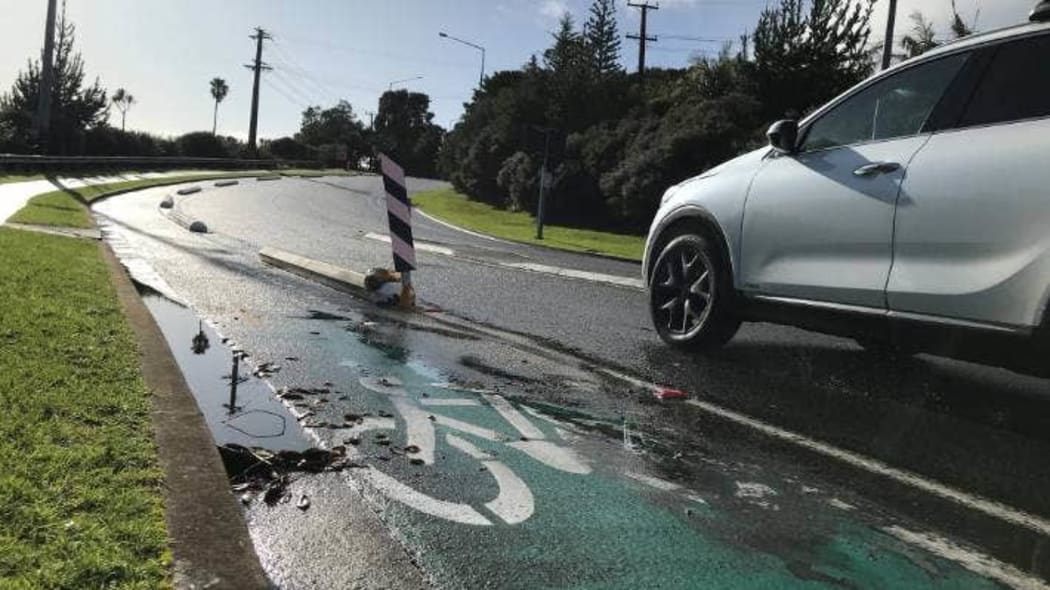 Concrete separators, nicknamed "Tim Tams", installed on a cycleway along Auckland's Upper Harbour Drive near Greenhithe.