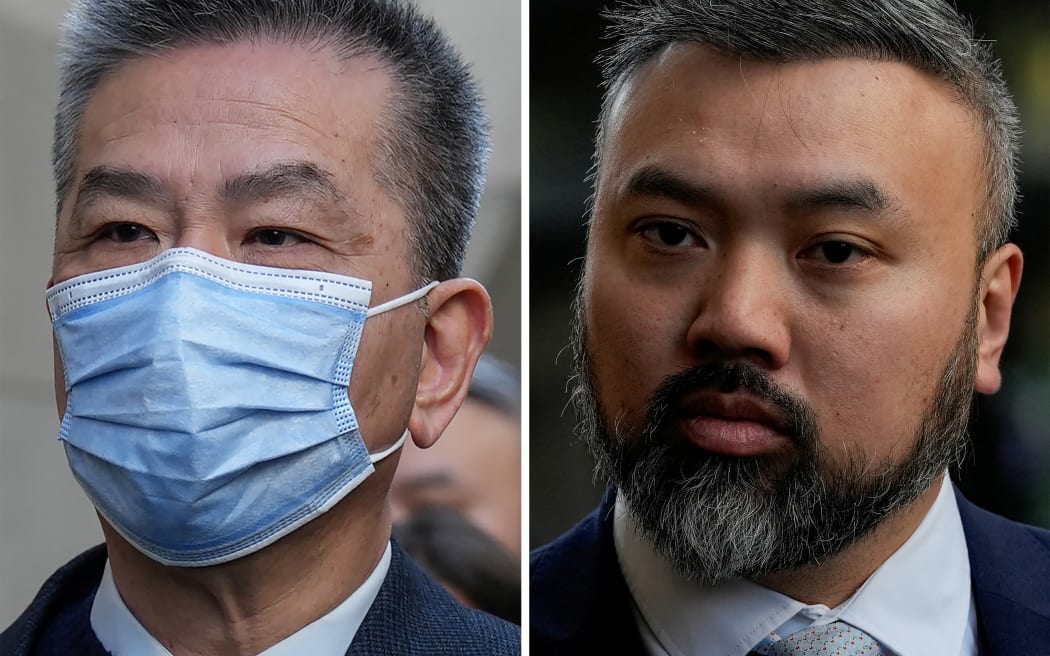 (COMBO) This combination of file photos created on May 7, 2026 and taken on March 2, 2026 shows Bill Yuen Chung Biu (L) and Peter Wai Chi Leung (R), both charged with assisting Hong Kong intelligence service, as they arrive separately ahead of their trial at the Old Bailey in central London. Yuen, a retired Hong Kong policeman and Chi, a former UK Border Force official were convicted by a London jury on May 7, 2026 of conducting "shadow policing" on British soil on behalf of China. Britain will summon Beijing's ambassador in London after the two dual Chinese-British nationals were convicted of spying on Hong Kong dissidents on behalf of China, security minister Dan Jarvis said. (Photo by CARLOS JASSO / AFP)