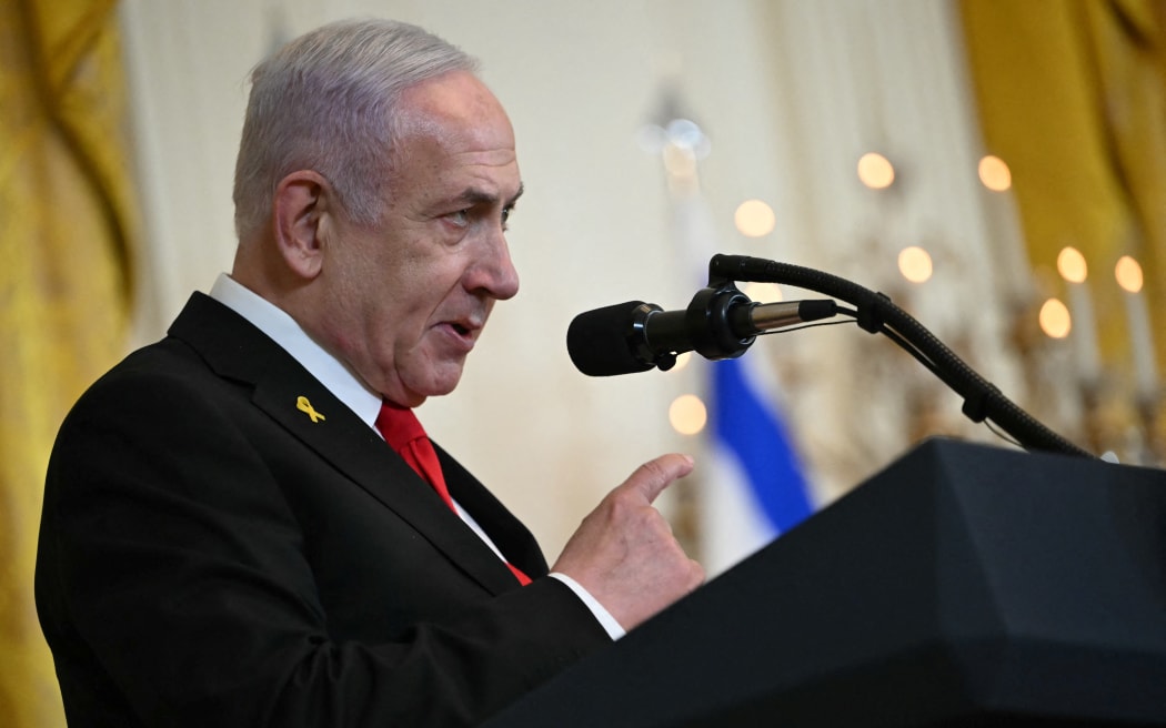 Israel's Prime Minister Benjamin Netanyahu speaks during a press conference with US President Donald Trump in the East Room of the White House in Washington, DC, on February 4, 2025.