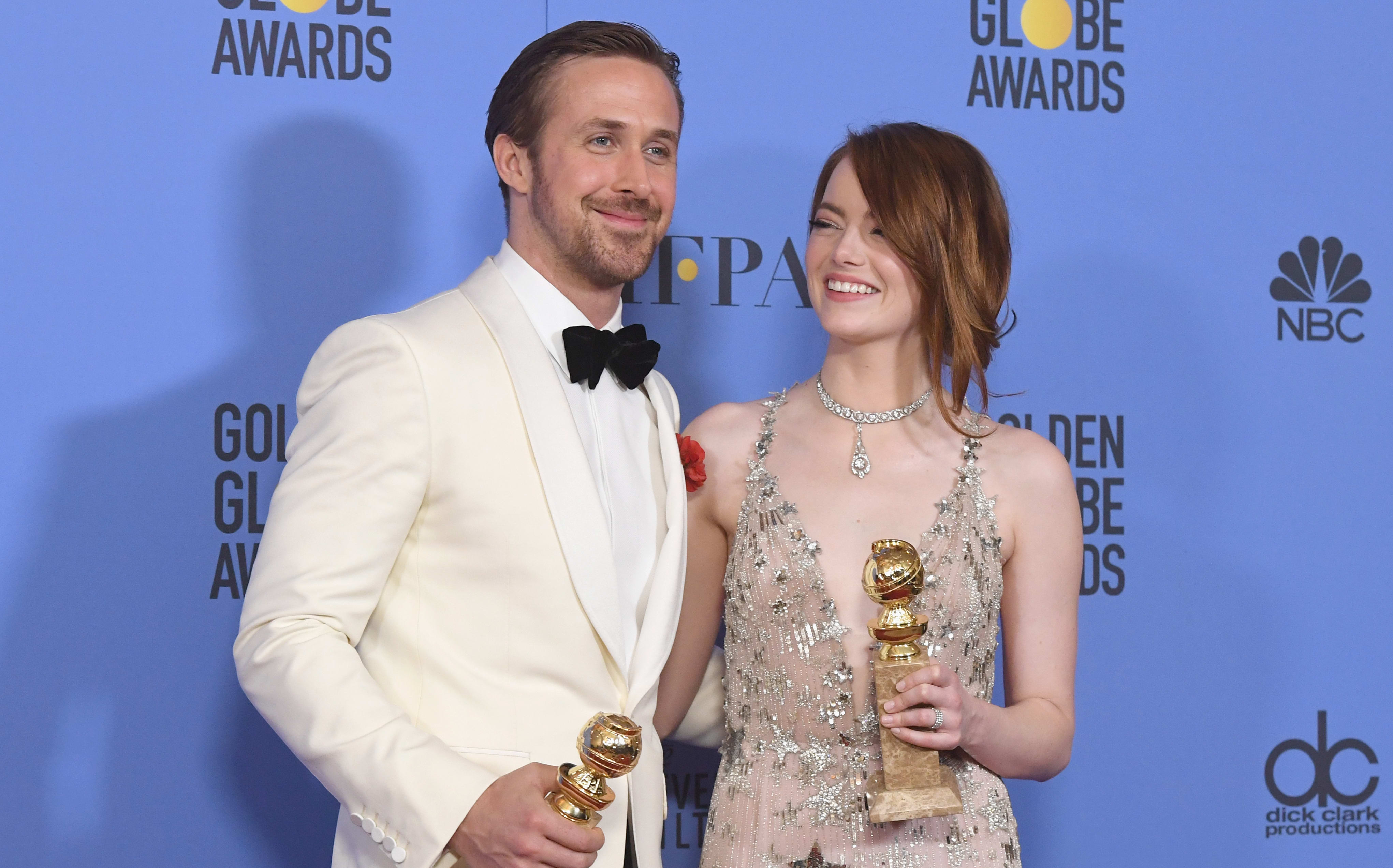 Actors Ryan Gosling and Emma Stone - winners for Best Actor and Best Actress in a Musical or Comedy Film for La La Land.