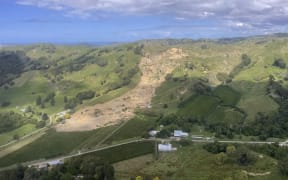 A massive slip seen from a Civil Defence fly over areas near Gisborne, as experts assessed the damage from Cyclone Gabrielle, on 18 February, 2023.