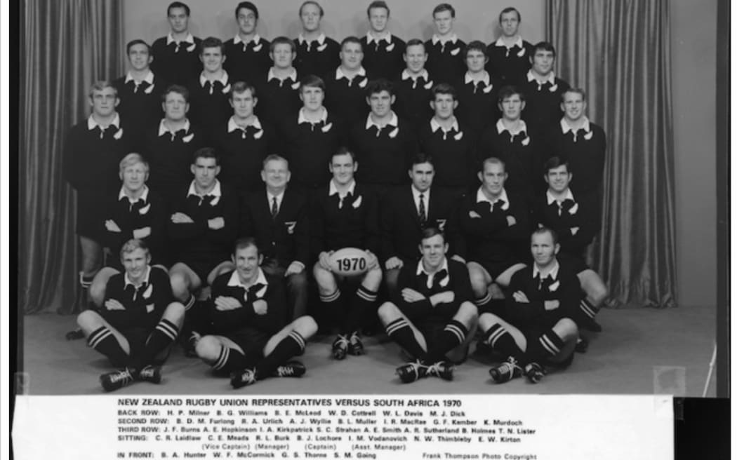 All Blacks, New Zealand representative rugby union team, vs South Africa, 1970. Bryan Williams top row, second from the left.
