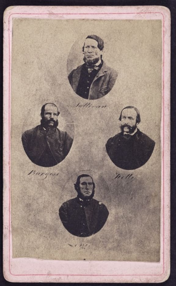 Four separate photographs of the four men involved in the Maungatapu Murder. They are Thomas Joseph Sullivan, Philip Levy, Richard Burgess, and Thomas Kelly.