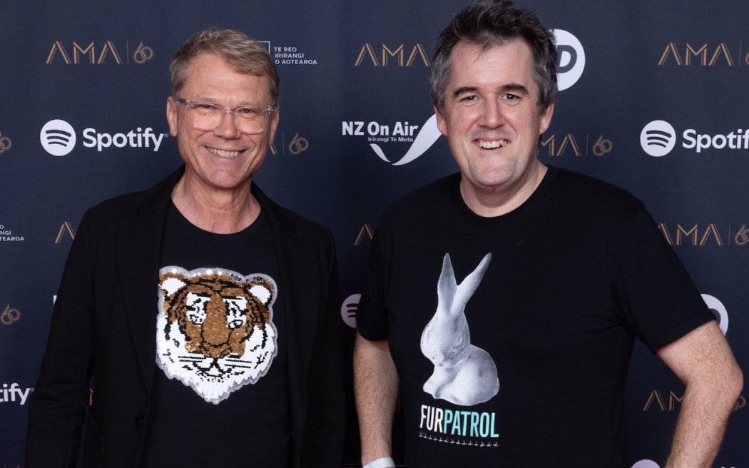 Paul Goldsmith (left) and Chris Bishop at the 2025 Aotearoa Music Awards in Auckland, on 29 May, 2025.