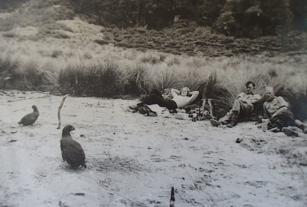 Joan Watson (nee Telfer), Rex Watson and Neil McCrostie in Takahe Valley in 1948.