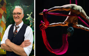 A composite image showing David Bates on the left, wearing a white shirt, black pinstripe vest and colourful tie; and an aerial silks performer on the right, flexing suspended upside-down in long red silks.