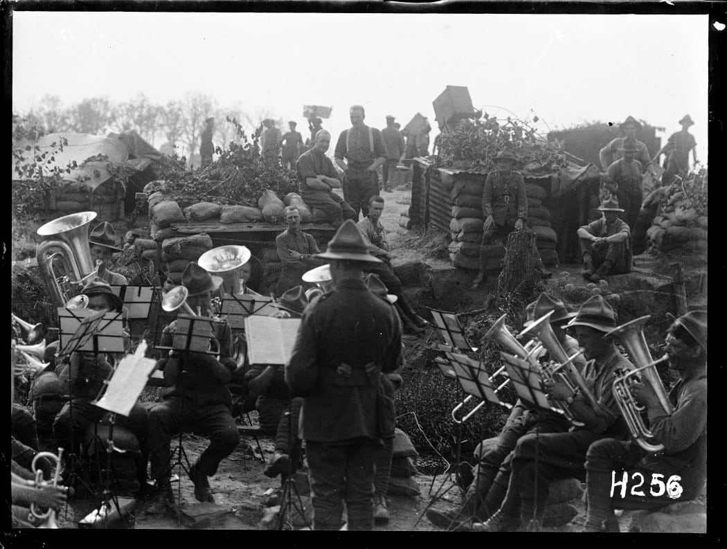 A NZEF military band playing close to the line near Ypres, France, 1917