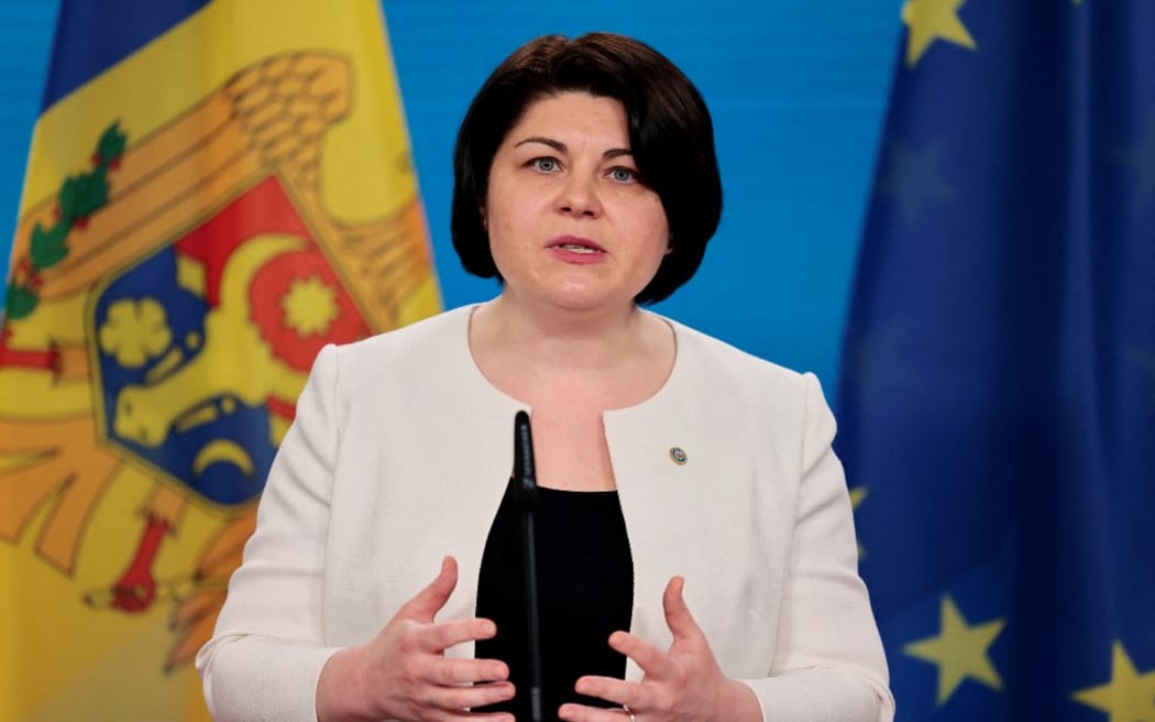 05 April 2022, Berlin: Natalia Gavrilita, Prime Minister of the Republic of Moldova, speaking at a
a press conference after the donor conference for the Republic of Moldova. The country has had the largest influx of refugees per capita since the war against Ukraine began. Photo: Hannibal Hanschke/Reuters/Pool/dpa (Photo by HANNIBAL HANSCHKE / REUTERS POOL / dpa Picture-Alliance via AFP)