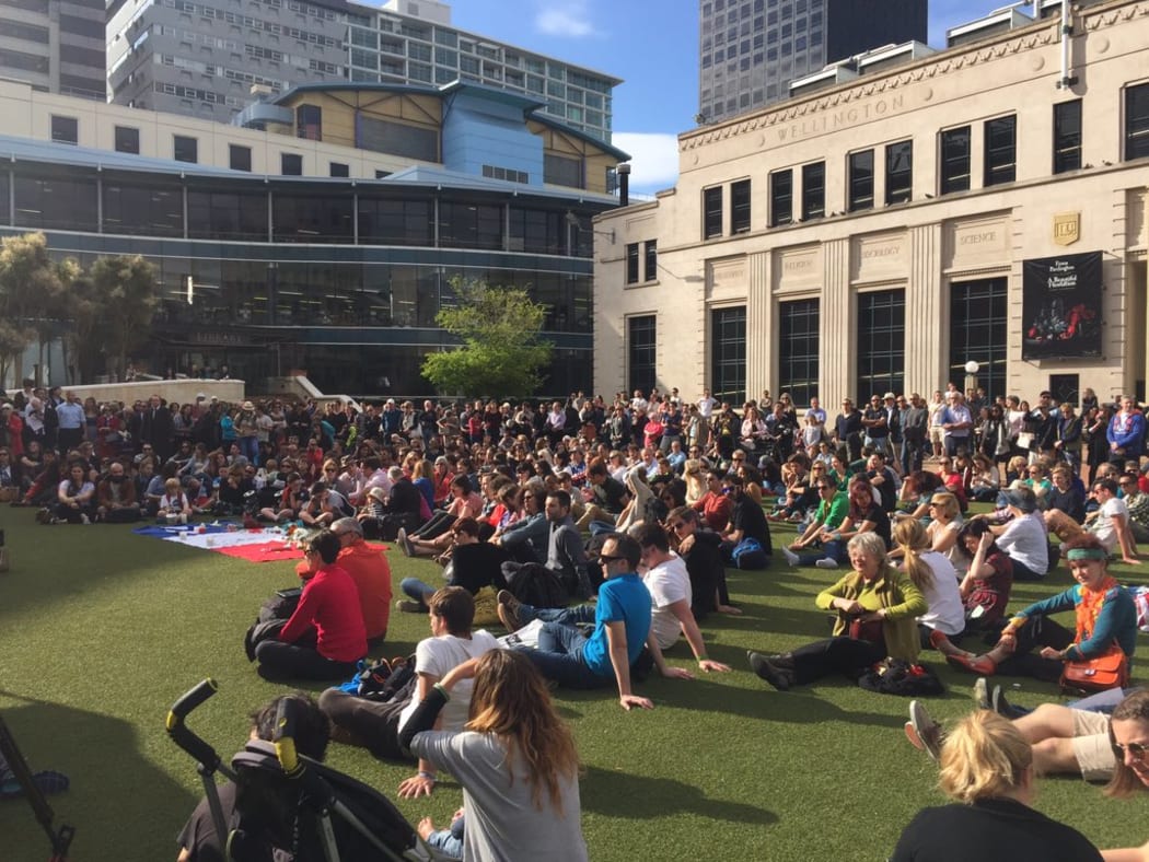 Hundreds gather to pay their respects to the victims of the Paris attacks in Wellington on 17 November 2015.