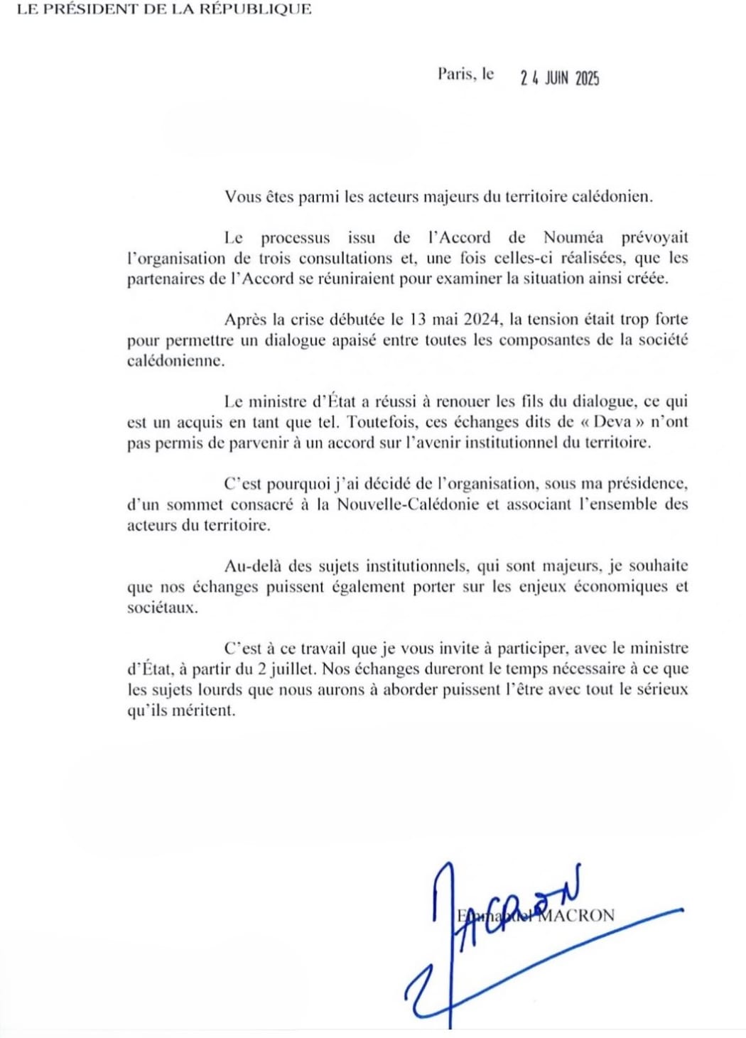 Letter sent by French President Emmanuel Macron to New Caledonia’s stakeholders for Paris talks on 2 July 2025.