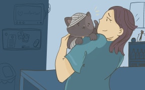 Illustration of a female vet holding a grateful cat at an after-hours clinic.