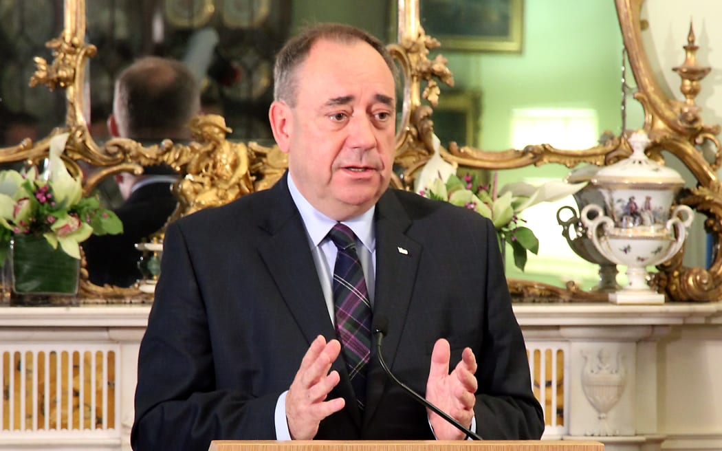 Scotland's First Minister Alex Salmond speaks during a press conference to announce his resignation.