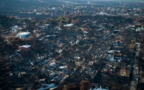 Mati, Athens - July 26, 2018: Aerial view shows a burnt area following a wildfire in the village of Mati, near Athens.