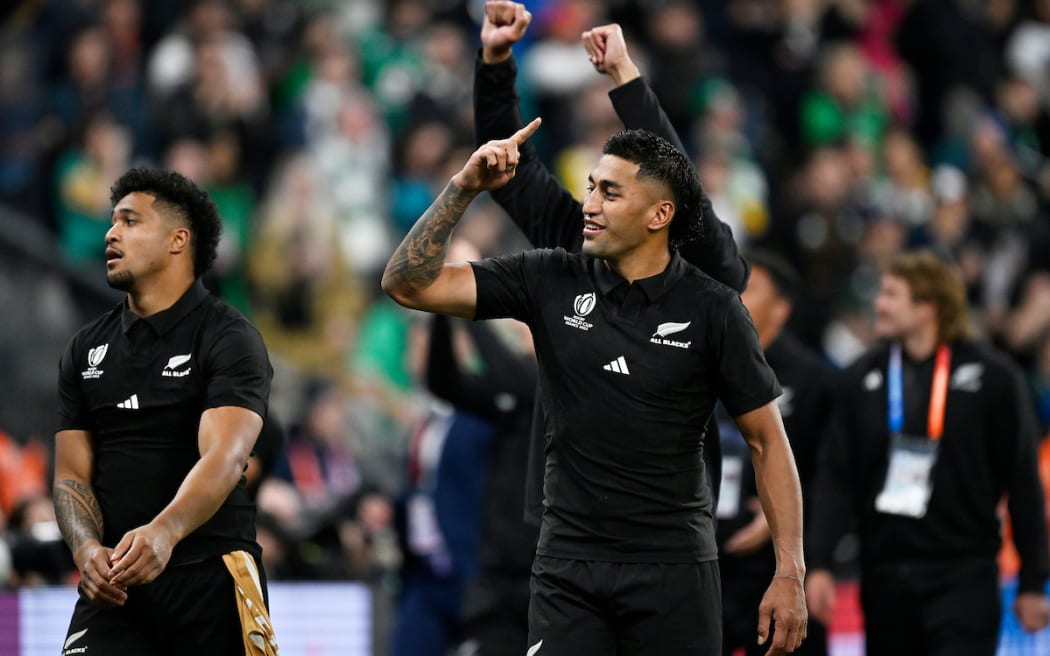 Rieko Ioane thanks fans after the All Blacks won their quarter-final Rugby World Cup 2023 match against at Stade de France, Saint-Denis, France on Saturday 14 October 2023.