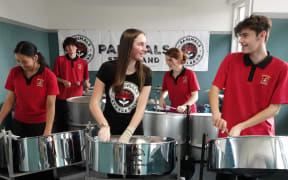 The Panimals are, from left, Irie Garland (seconds), Kaiser Jacoby (bass), Gabriella Uphof (tenor pan), Adara Lunjevich (cello pans) and Harlyn Abraham (tenor pan). Absent in this photo: Levi Williams (drums) and Larissa Tanuvasa (seconds).