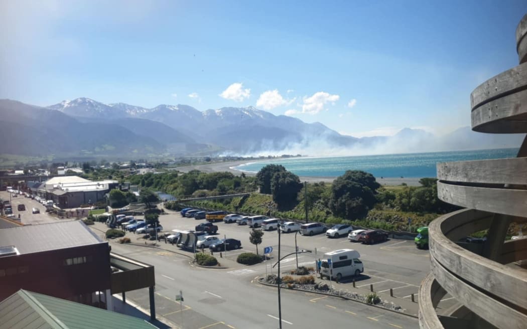Smoke can be seen in the distance from the Kaikōura Civic Building on Tuesday afternoon.