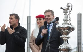Bill English speaking at the parade held in Auckland to welcome Team NZ home, 6 July 2017.