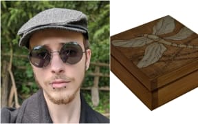Dennis Bednarz and a sample image of the box that was stolen.