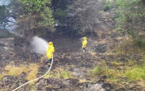 Firefighters hosing a vegetation fire at Long Gully near Coronet Peak on 20 January 2023.