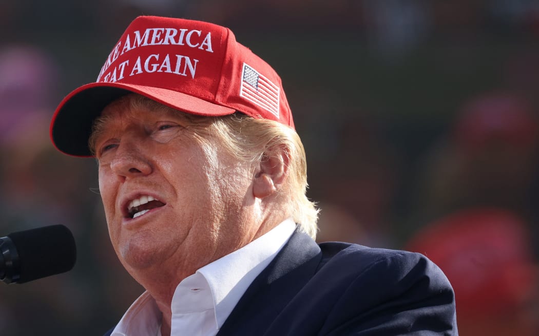 GREENWOOD, NEBRASKA - MAY 01: Former President Donald Trump speaks to supporters during a rally at the I-80 Speedway on May 01, 2022 in Greenwood, Nebraska. Trump is supporting Charles Herbster in the Nebraska gubernatorial race.   Scott Olson/Getty Images/AFP (Photo by SCOTT OLSON / GETTY IMAGES NORTH AMERICA / Getty Images via AFP)