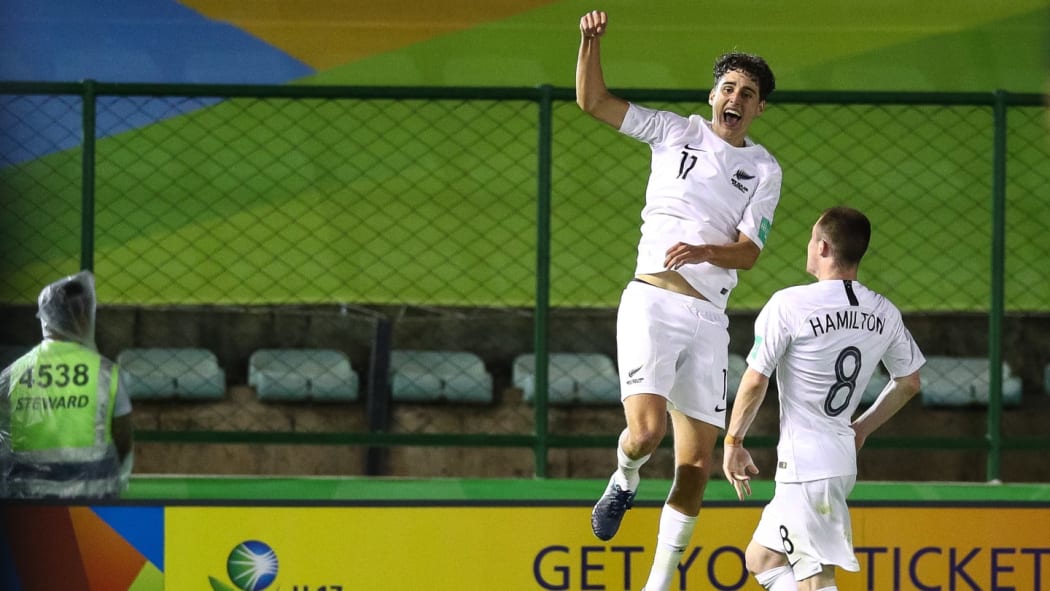 New Zealand's Matthew Garbett (Left) celebrates his goal against Angola with teammate Henry Hamilton. The Kiwis lost the match 2-1. FIFA U-17 World Cup, Brazil, 2019.