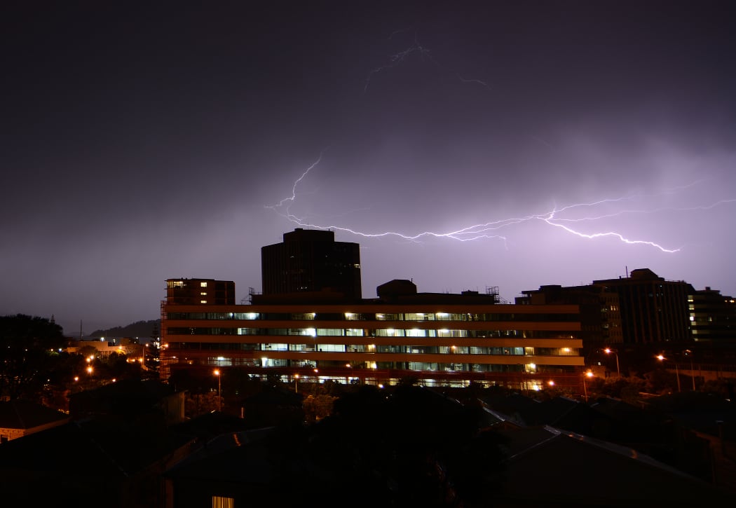 Lightning flash over a multi-storey building in Molesworth St, Wellington.