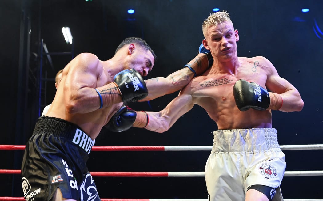Andrei Mikhailovich (R) v Shay Brock, SkyCity Friday Night Fights 2 boxing event, SkyCity, Auckland. 9 April 2021.