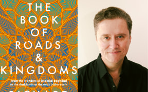 On the left is the cover got Richard Fidler's book 'The Book of Roads & Kingdoms. The words are printed in white on a mosaic background of Islamic geometric patterns. On the right is a portrait photograph of the authour.