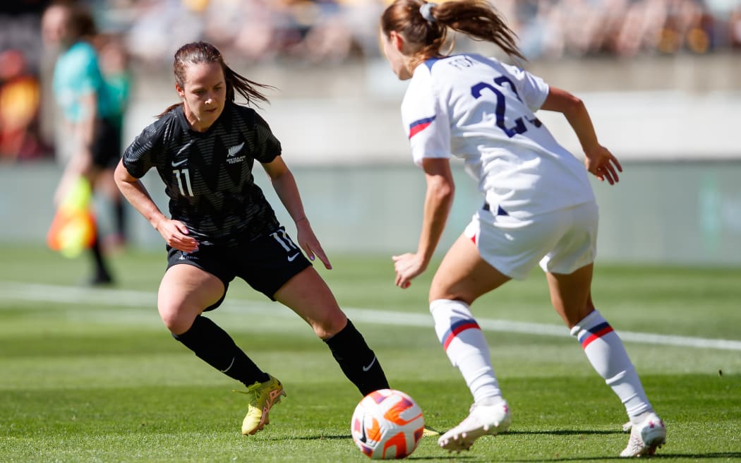 Olivia Chance of New Zealand and Emily Fox of USA during a women’s international football friendly game between the New Zealand Football Ferns and the U.S.