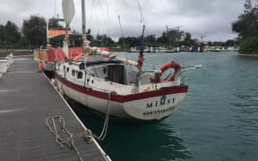 Russian sailor Rimas Meleshyus' yacht, Mimsy at the wharf on Saipan