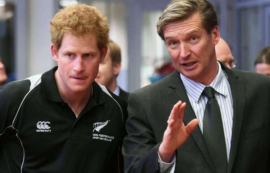 CEO of High Performance Sport NZ Alex Baumann (right) and Prince Harry take a tour of the AUT Millenium Institute in Auckland.