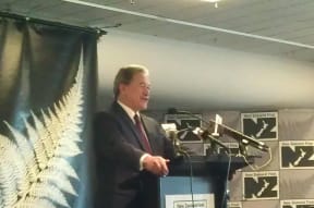 Winston Peters announcing the Kiwifund policy.