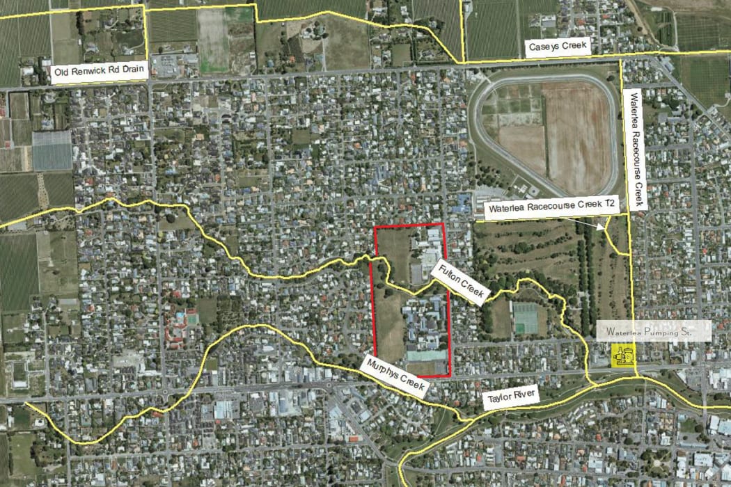 Fulton Creek runs through the middle of Ministry of Education land, highlighted in red.