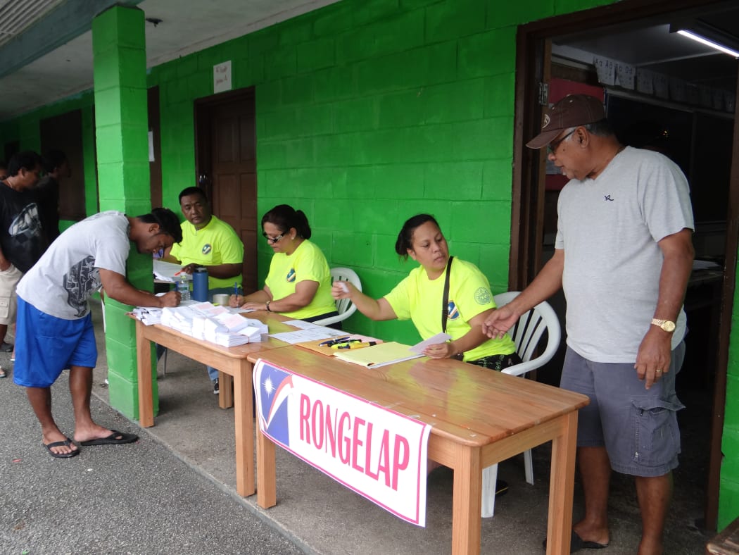 This file photo from the 2015 national election in the Marshall Islands shows a polling station for Rongelap Atoll voters at a local school in Majuro.