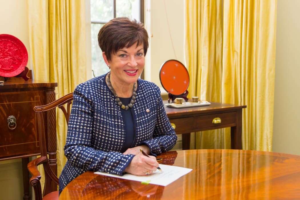 Governor-General of New Zealand, Dame Patsy Reddy, signing the first Royal assent at New Zealand Parliament. 17 October 2016