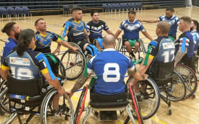 The New Zealand Wheelchair Rugby League training at West Auckland.