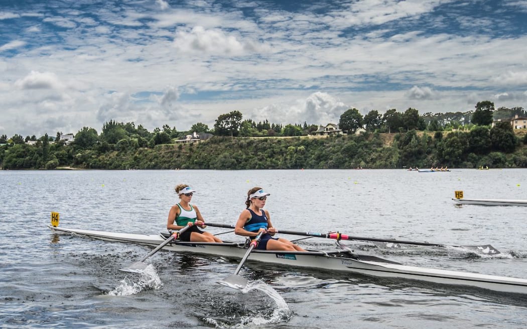 World Rowing Championships, Lake Karapiro, 2016. Zoe Mcbride and Sophie McKenzie on day one of the event.