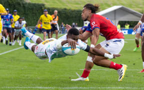 Fijian Drua replacement Taniela Rakuro dives over to score the match winning try, to win 36-34  - Super Rugby Paciﬁc - Moana Pasiﬁka v Fijian Drua at Mt Smart Stadium, Auckland