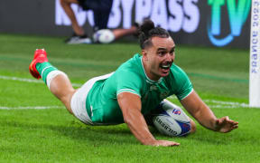 Ireland winger James Lowe scores a try for Ireland against Scotland at the Rugby World Cup.