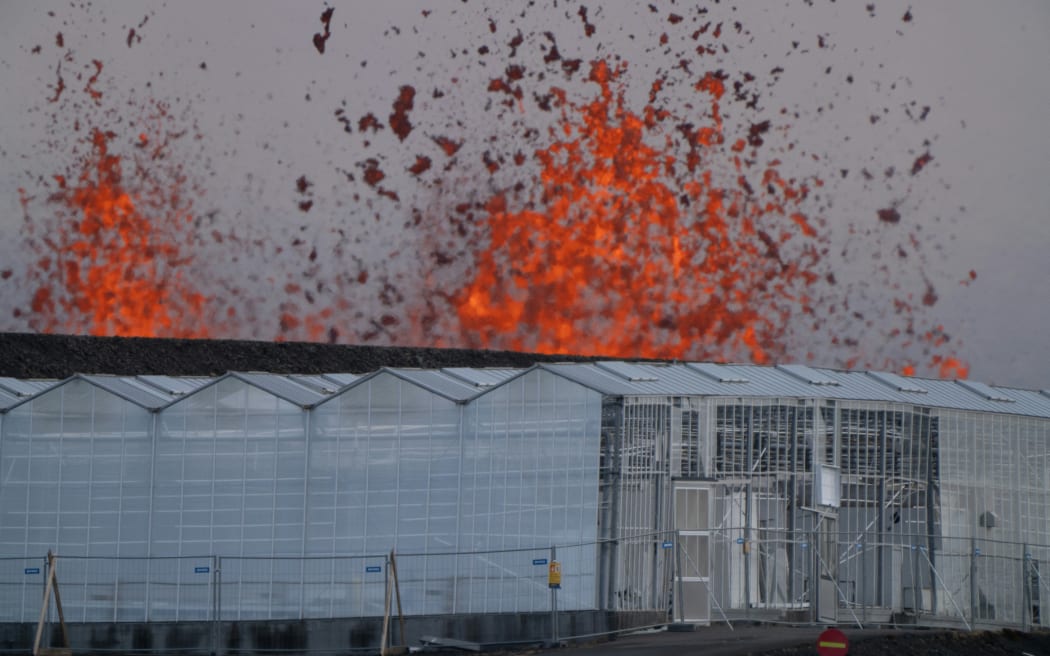 Molten lava is seen coming out of a fissure behind a greenhouse on the outskirts of the fishing village Grindavik in southwest Iceland, on April 1, 2025. The Icelandic Meteorological Office (IMO) said "an eruption has started on the Sundhnuksgigar Crater Row" north of the fishing village Grindavik that was evacuated Tuesday after lava began spewing from a volcanic eruption, the eighth to hit the region since the end of 2023. (Photo by Ael Kermarec / AFP)