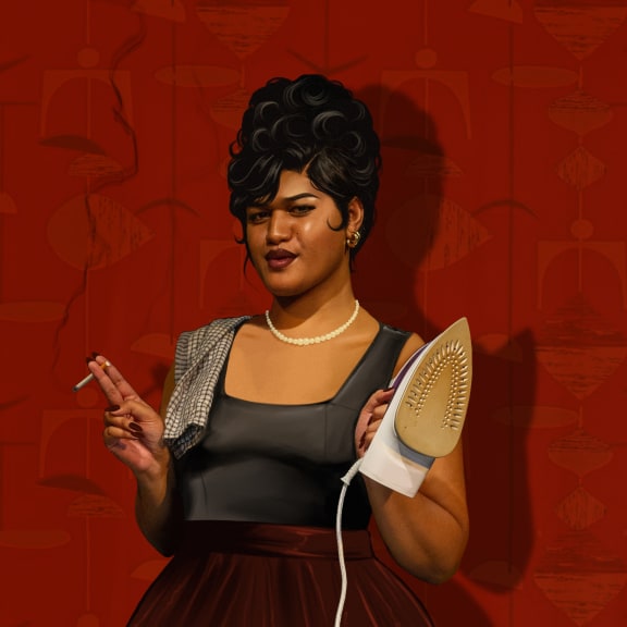 Manu, Orator's Anonymous, holding a cigarette and an iron