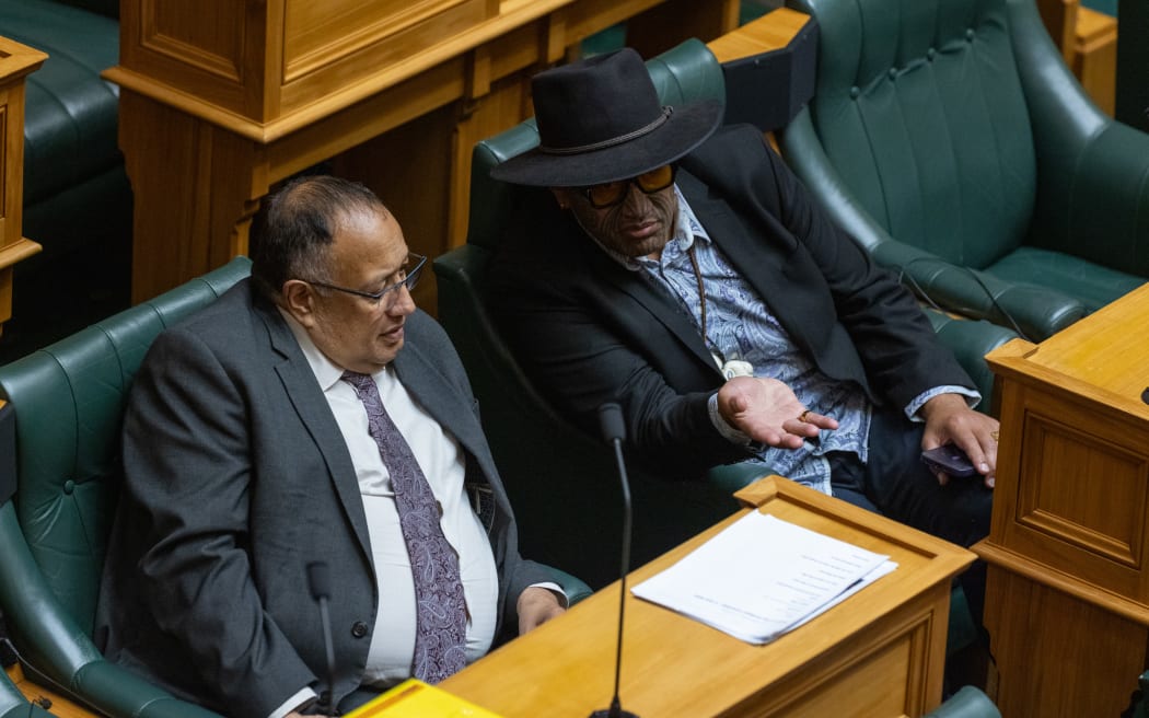 Raiwiri Waititi and Adrian Rurawhe chat during the debate on the Privileges Committee's majority recommendation of parliamentary suspensions for three Te Pāti Māori MPs.