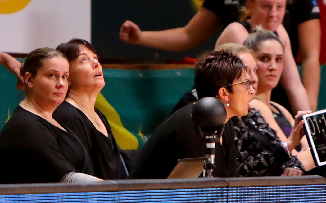 Janine Southby, coach of the Silver Ferns looks up at the score during the 2017 Constellation Cup match.
