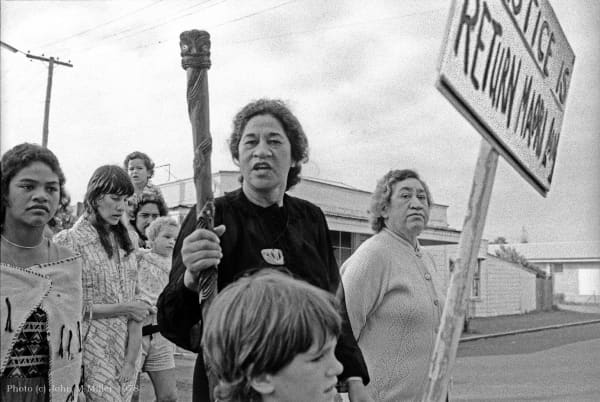 Black and white image of Maori land rights activist Eva Rickard