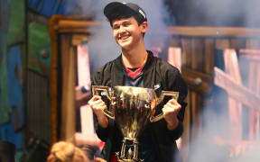 Kyle Bugha Giersdorf celebrates after winning the Fortnite World Cup solo final at Arthur Ashe Stadium on July 28, 2019 in New York City.