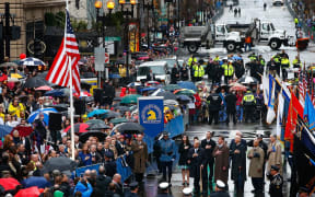 A crowd gathered on Boylston Street near the marathon's finish line on Tuesday.